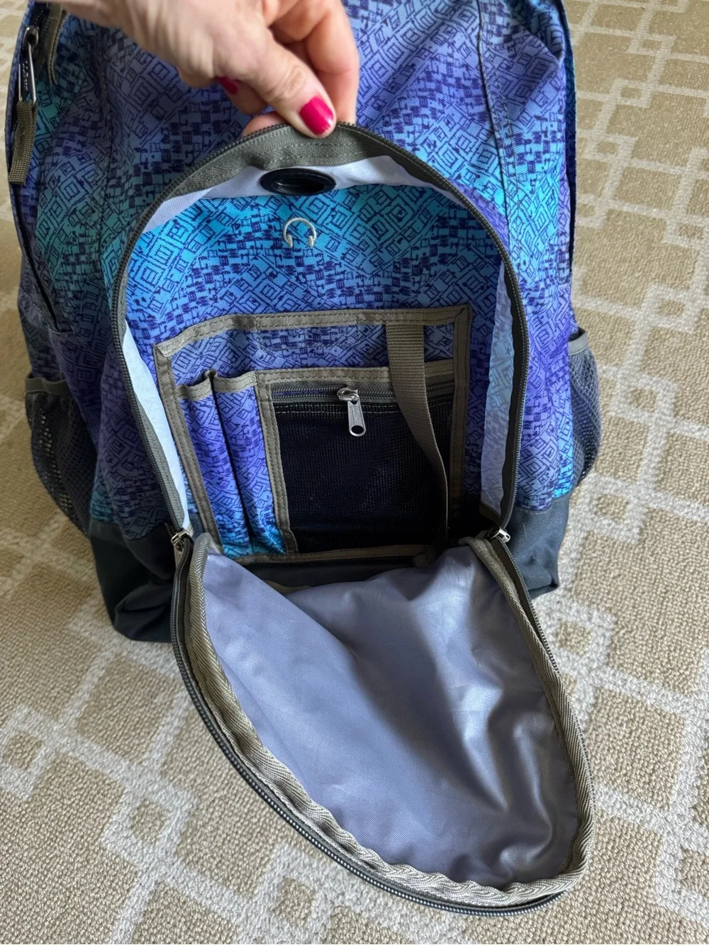 L.L.Bean Geometric Print School Backpack Blue Purple Book Bag Travel O/S